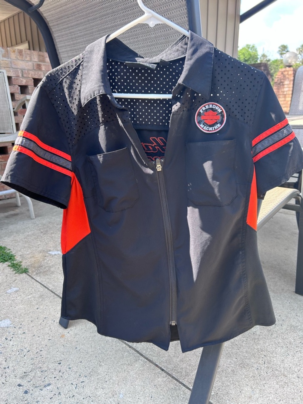 Harley-Davidson Black and Red Short Sleeve Zip Front Button Down Shirt